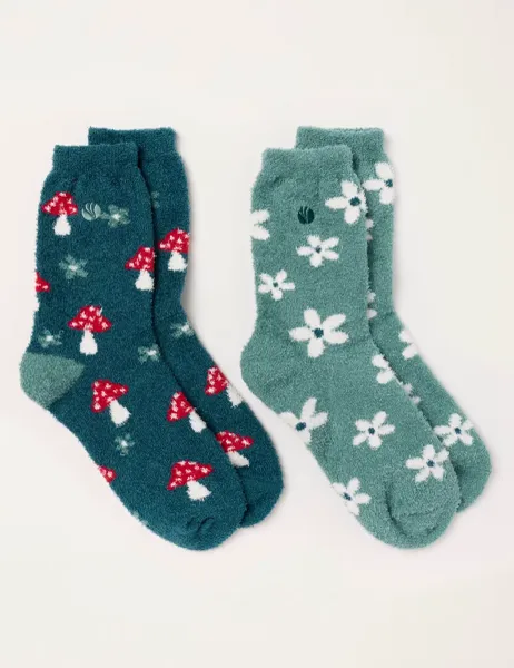 FatFace 2 Pack Toadstool Floral Fluffy Socks Teal Mix