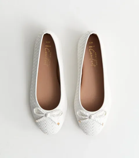 Women's Wide Fit White Faux Leather Woven Ballet Pumps Vegan