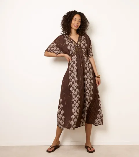 Women's Dark Brown Shell Print Embroidered Midi Dress