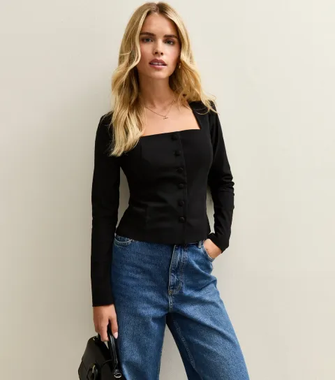Women's Petite Black Square Neck Button Front Top