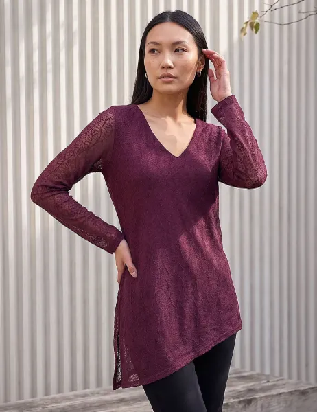 Roman Sparkly Mesh Asymmetric Hem Top Burgundy Mix