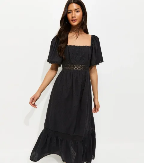 Women's Black Dobby Square Neck Midi Dress