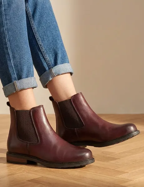 Jones Bootmaker Leather Chelsea Block Heel Boots Burgundy