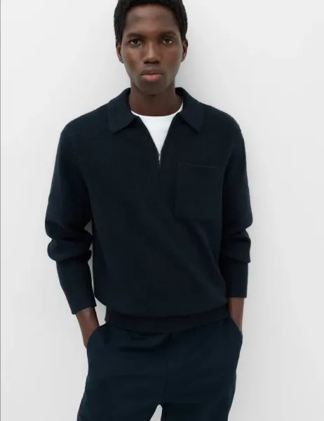 Marks & Spencer Supersoft Quarter Zip Knitted Polo Shirt Navy
