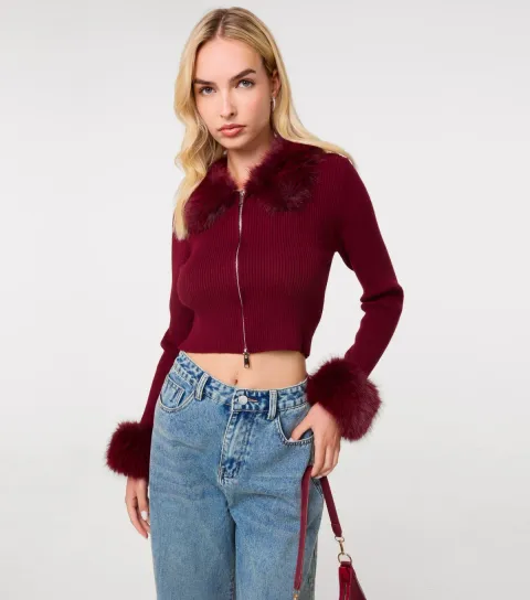 Pink Vanilla Women's Dark Burgundy Faux Fur Trim Zip Front Cardigan