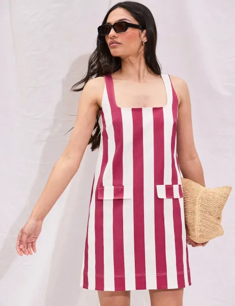 RO&ZO Cotton Rich Striped Square Neck Mini Dress Red Mix