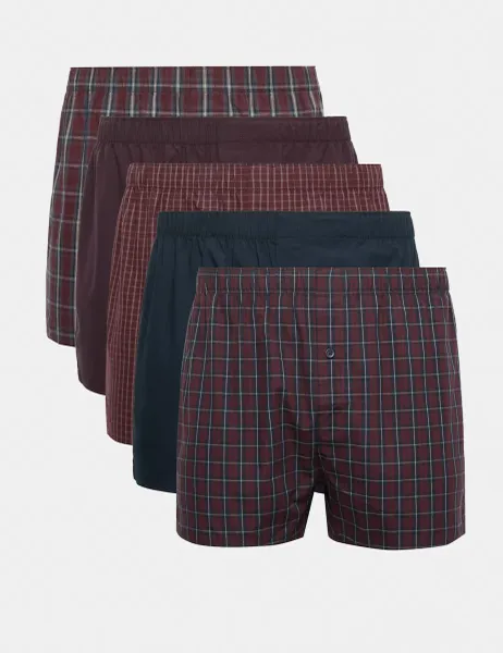 Marks & Spencer 5pk Pure Cotton Checked Woven Boxers Burgundy Mix