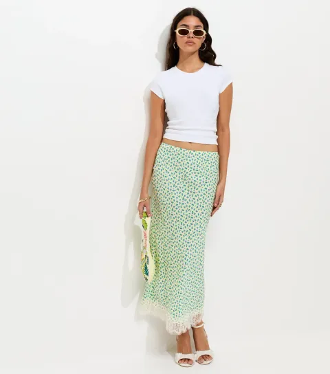 Women's Yellow Ditsy Floral Bias Cut Midi Skirt