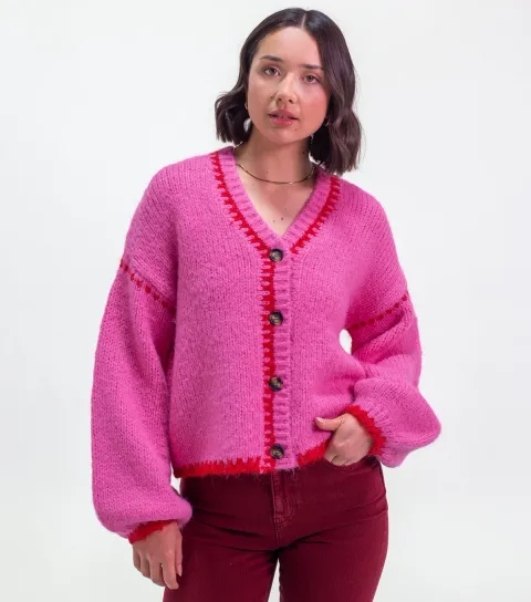 Women's Pink Blanket Stitch V-Neck Cardigan