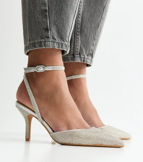 Women's Silver Diamanté Embellished Court Shoes Vegan