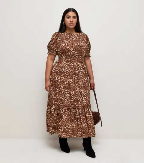 New Look Women's Plus Size Brown Leopard Print Crepe Short Sleeve Midi Dress Curves