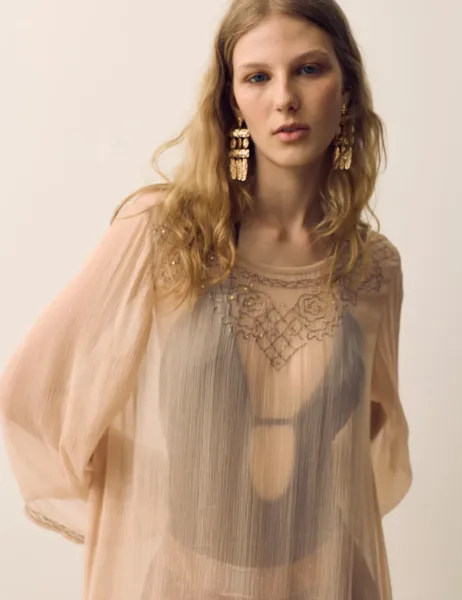 Per Una Cupro Beaded Flute Sleeves Tunic Blush Pink