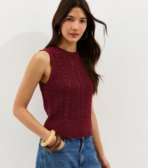 Women's Dark Burgundy Cotton Rich Scallop Hem Pointelle Knitted Vest