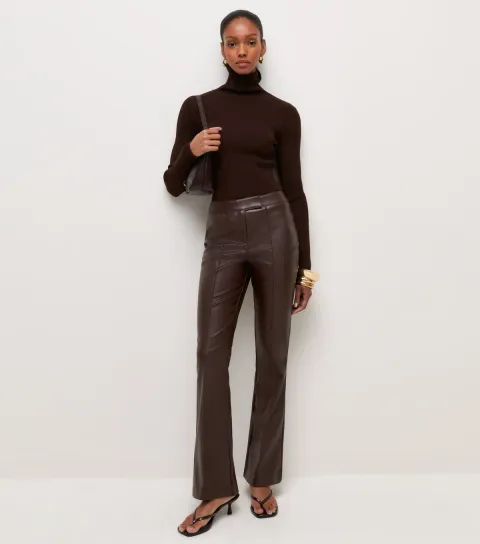 Women's Dark Brown Faux Leather Kick Flare Trousers Vegan