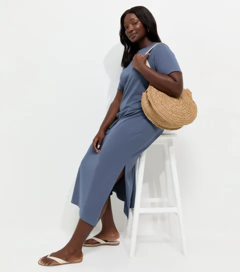 Women's Plus Size Navy Cotton Rich Ruched T-Shirt Midi Dress Curves