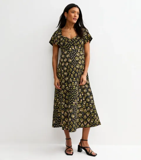 Women's Maternity Black Floral Tea Midi Dress
