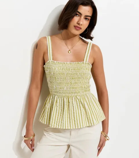 Women's Green Cotton Striped Seersucker Shirred Cami Top