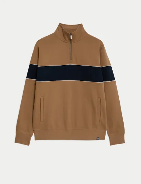 Marks & Spencer Pure Cotton Colour Block Half Zip Sweatshirt Light Brown