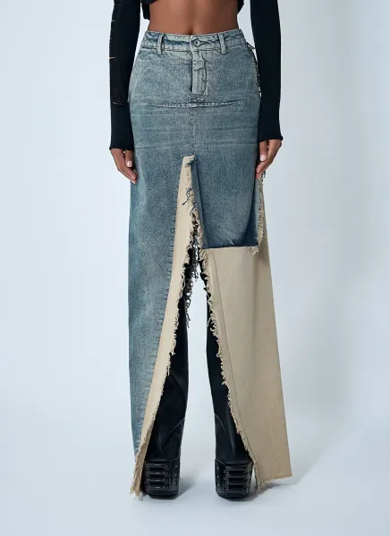 Denim Distressed Maxi Skirt
