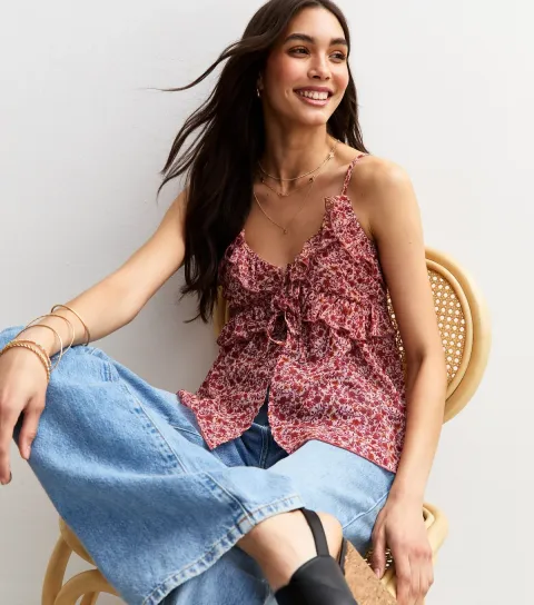 Women's Pink Ditsy Print Frill Trim Cami Top