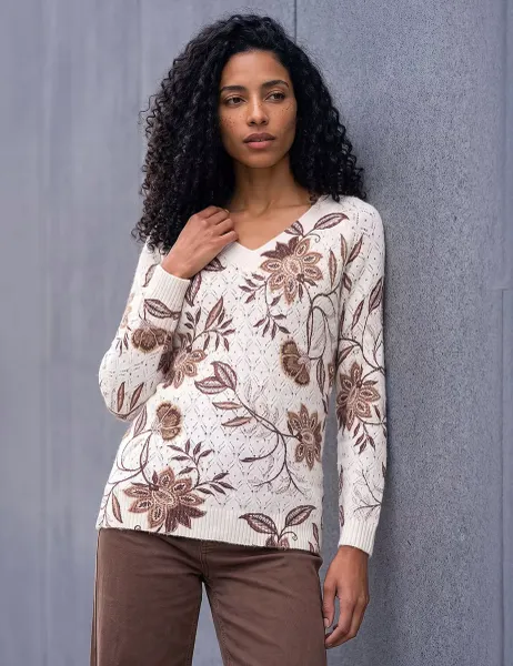 Roman Floral V-Neck Jumper Ivory Mix