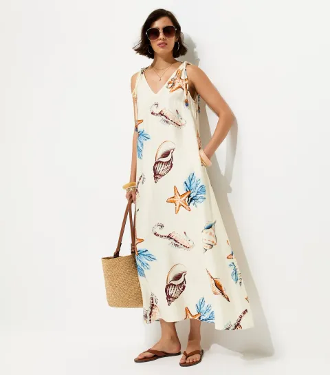 Women's Cream Shell Print Beaded Strap Maxi Dress