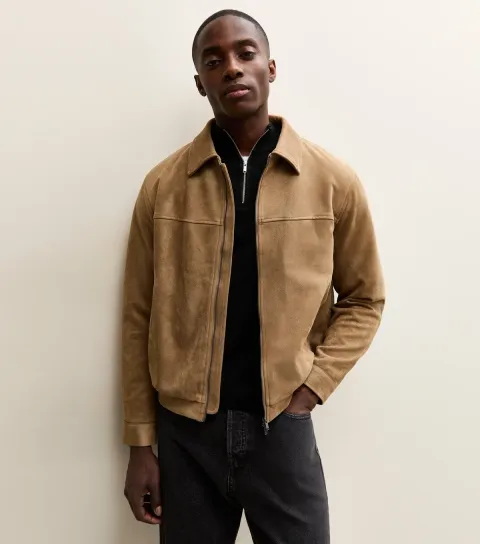 Men's Camel Faux Suede Collared Jacket
