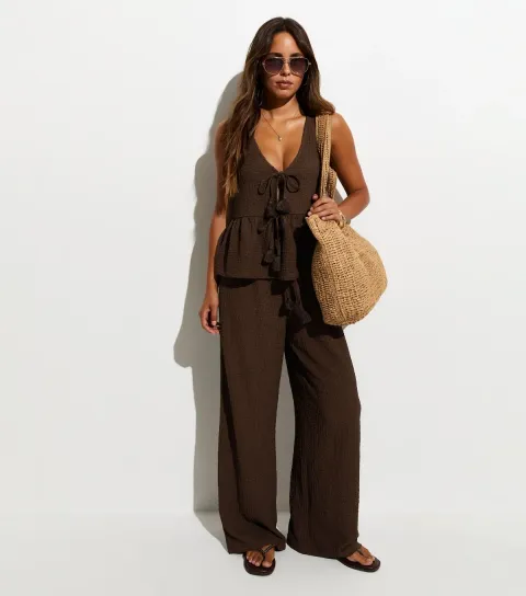 Women's Dark Brown Textured Wide Leg Beach Trousers