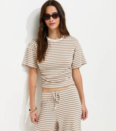 Women's Brown Cotton Rich Striped Corset Tee