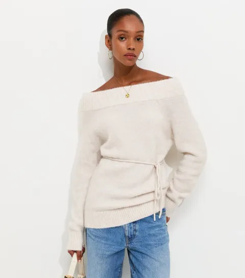 New Look Women's Cream Knitted Bardot Top with Wool