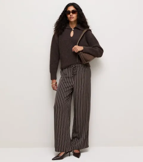 Women's Brown Striped Wide Leg Drawstring Trousers