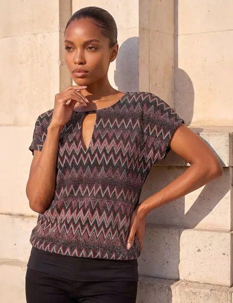 Roman Geometric Regular Fit Bubble Hem Top Bronze