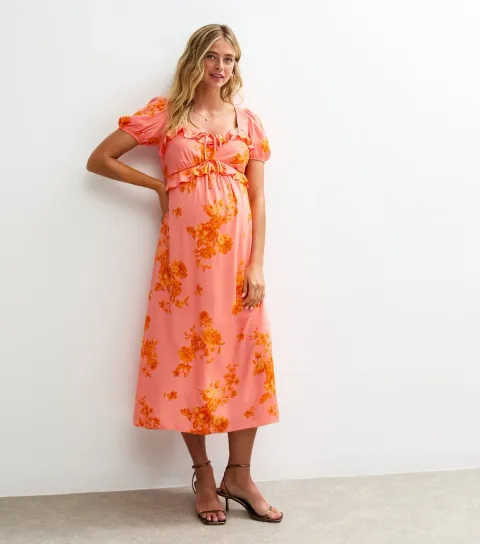 Women's Maternity Pink Floral Print Milkmaid Ruffle Midi Dress