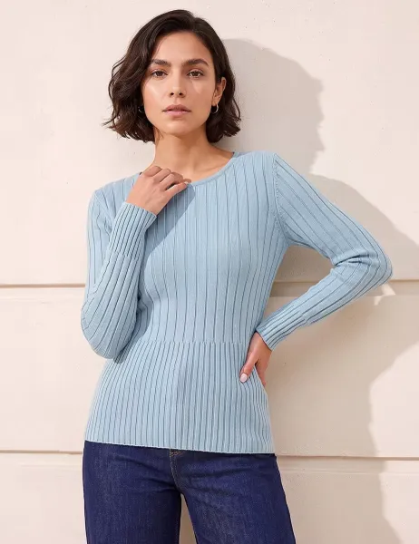 Roman Rayon Blend Ribbed Round Neck Cuffed Knitted Top Teal Mix