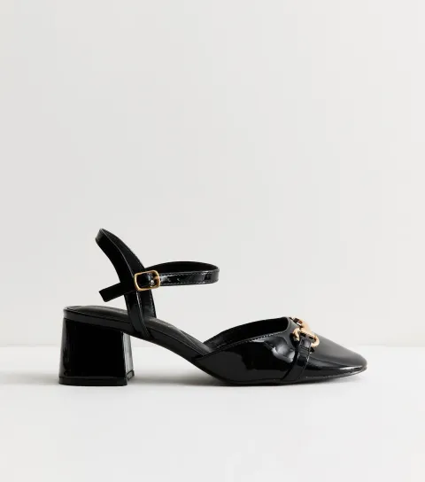 Women's Wide Fit Black Faux Patent Leather Two Part Block Heels Vegan
