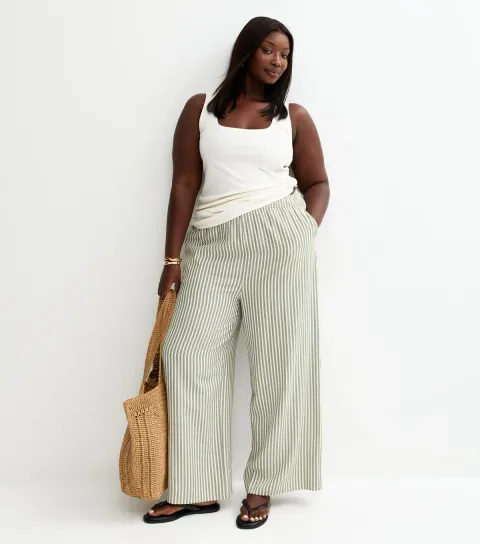 Women's Plus Size Cream Seersucker Striped Wide Leg Trousers Curves