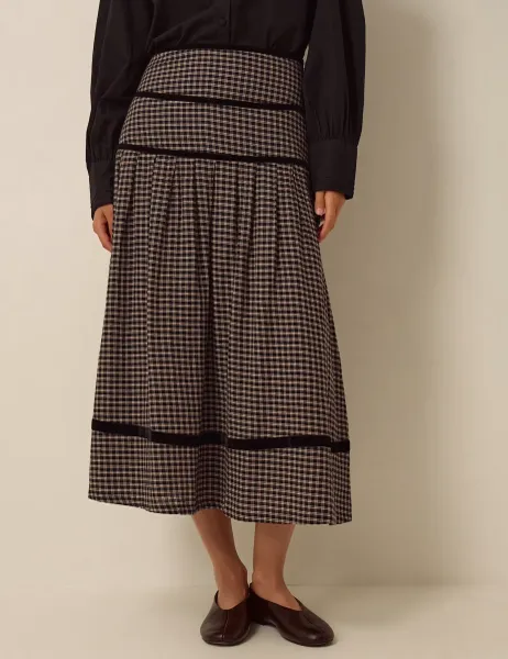 Monsoon Pure Cotton Checked Tiered Midi Skirt Black Mix