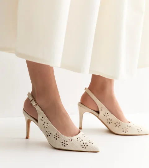 Women's Wide Fit Off White Laser Flower Embroidered Slingback Pumps Vegan