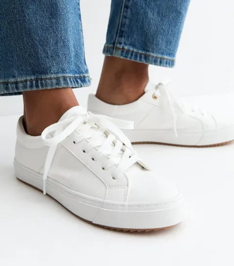 Women's White Faux Leather Croc Embossed Trainers Vegan