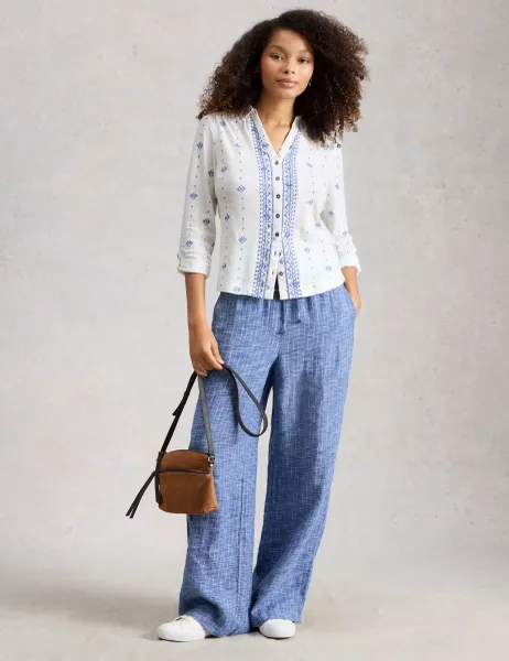 White Stuff Pure Cotton Jersey Embroidered Shirt White Mix