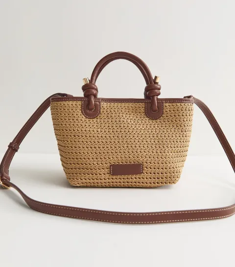 New Look Stone Knot Handle Woven Mini Tote Bag