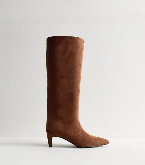 Women's Slim Calf Fit Brown Faux Suede Knee High Boots Vegan