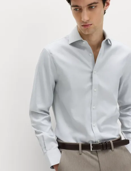 Marks & Spencer Slim Fit Ultimate Non Iron Pure Cotton Textured Shirt Silver Grey