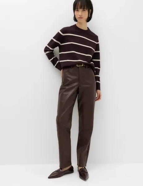 Marks & Spencer Faux Leather Straight Leg Trousers Dark Burgundy