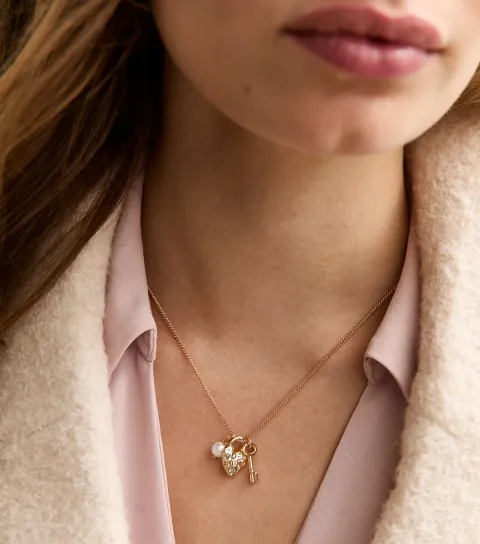 Gold Tone Heart Locket and Key Faux Pearl Necklace