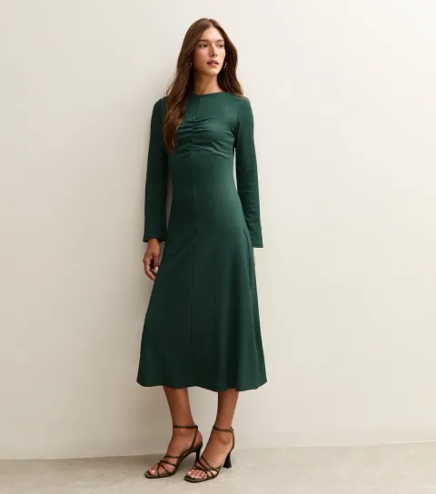 Women's Dark Green Long Sleeve Ruched Midi Dress