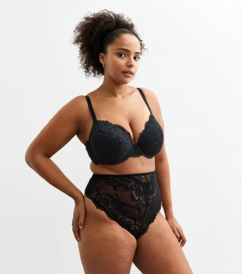 Women's Plus Size Black High Waisted Lace Thong Curves