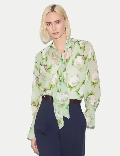 Jigsaw Sheer Floral Tie Neck Shirred Cuff Blouse Green Mix