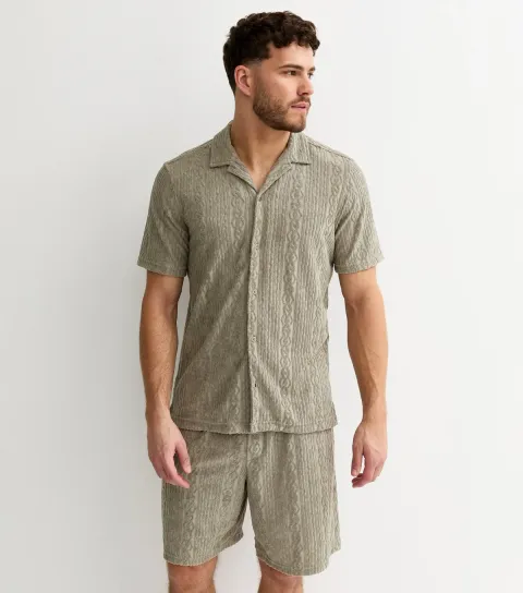 Men's Light Khaki Regular Patterned Terry Towelling Shirt