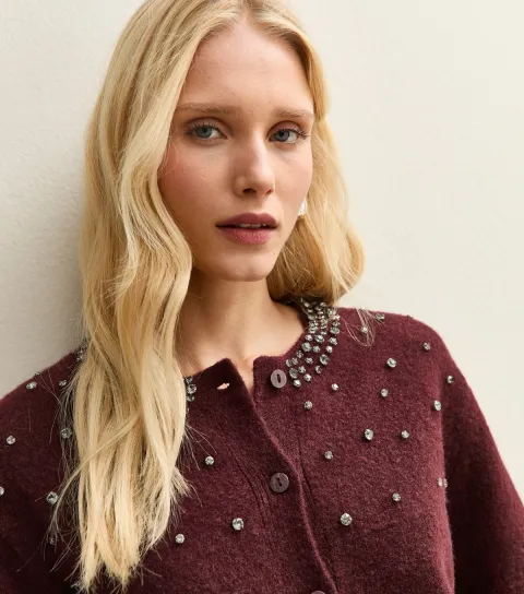 New Look Women's Dark Burgundy Diamanté Embellished Cardigan